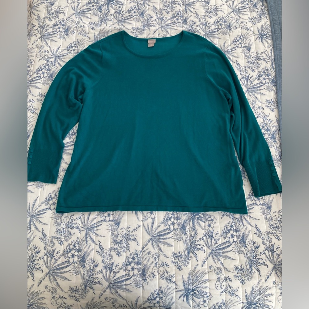 Chico's 4 XXL Women's Sweater Top Button Sleeve Trim Soft Round Lightweight Teal